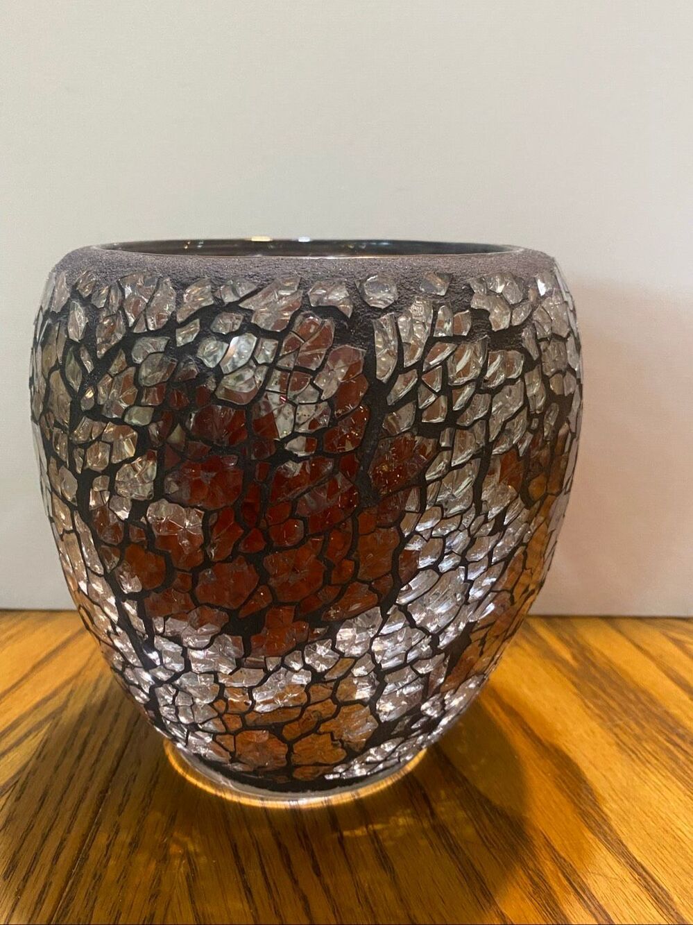 Artist Signed Mosaic Glass Vase Candle Holder Amber Silver Boho Art Decor